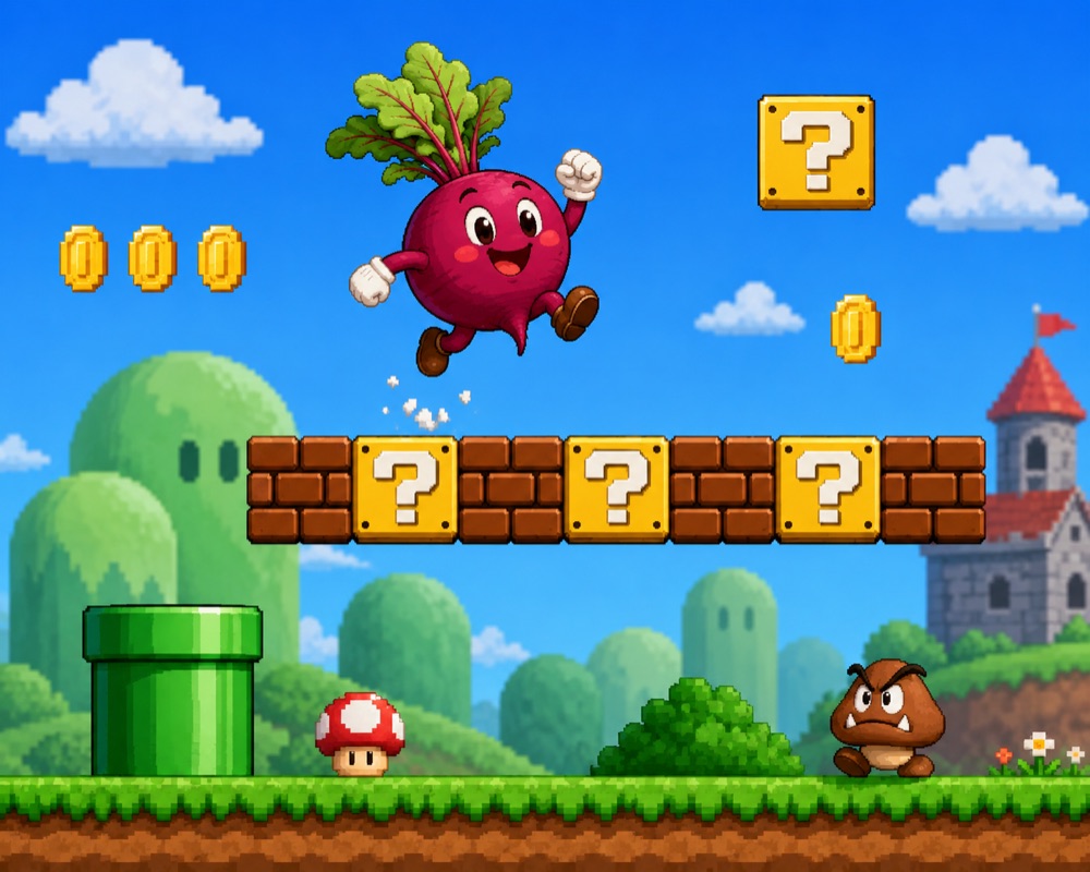 Beetly, a cheerful beetroot character, leaping through a colourful game world